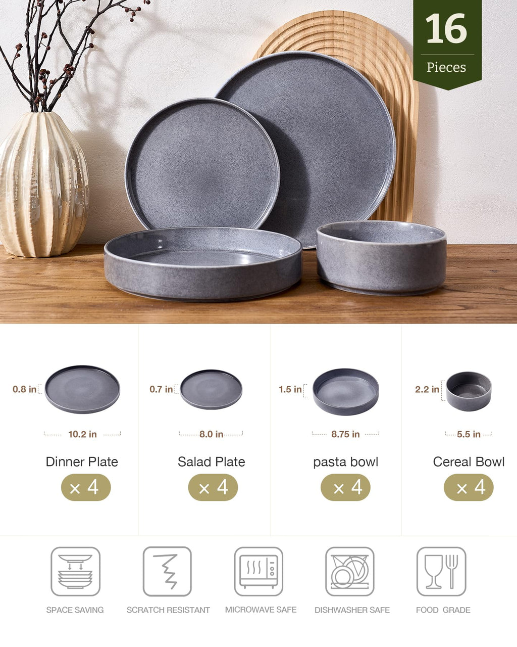 Famiware Annecy 16-Piece Stoneware Plates and Bowls, Misty Blue