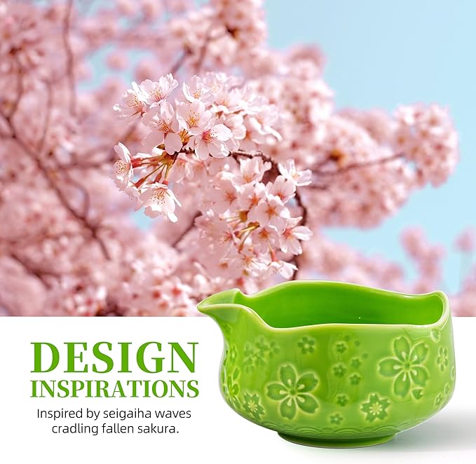 TEANAGOO 7-PCS Green Matcha Whisk Set, Complete Ceremony Start Kit, Ceramic Chawan Bowl with Spout, Whisk & Accessories, Traditional Matcha Tea Set for Lattes& Gift Giving