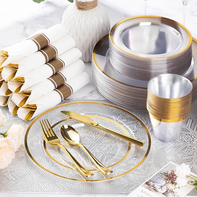 Goodluck 350 Piece Clear Gold Disposable Plastic Dinnerware Sets for Party