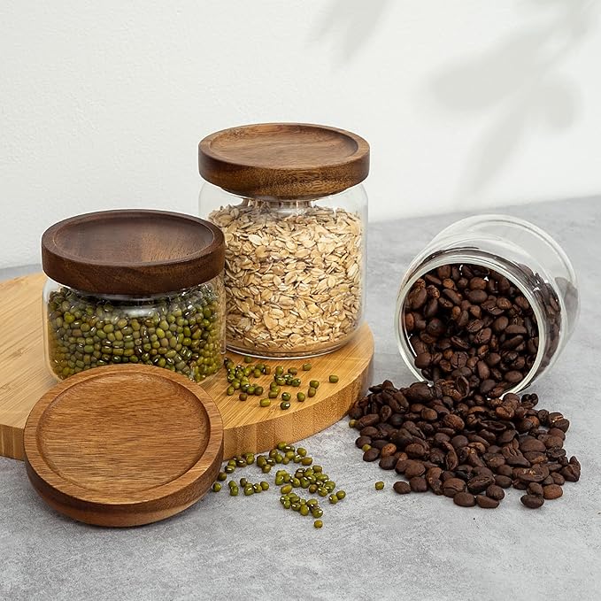 piconesper 2PCS Small Glass Storage Jars with Airtight Lids, 11 fl oz (300ml) coffee container with Wooden Lid, Glass Pantry Canister for Beans, Rice, Sugar and etc