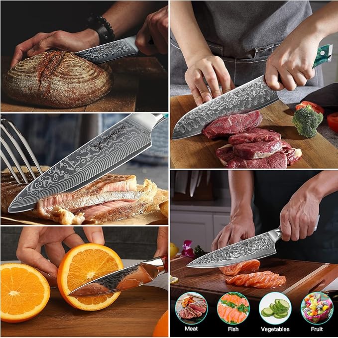 SANMUZUO Chef Cooking Knives Set- Kitchen Knife Set of 5 Piece - Ultra-Sharp VG10 Damascus Steel & Resin Handle - Xuan Series (Jade Green)