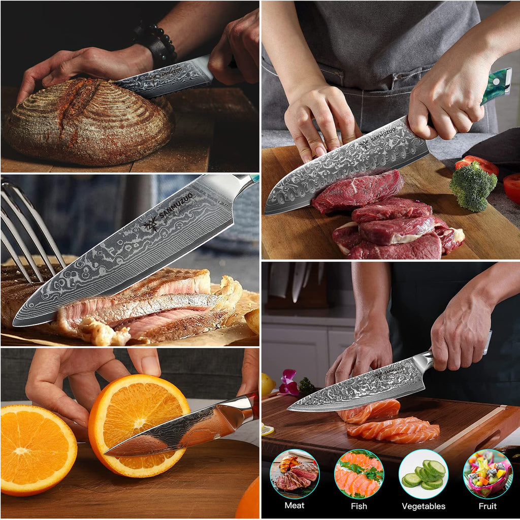 SANMUZUO Chef Cooking Knives Set- Kitchen Knife Set of 5 Piece - Ultra-Sharp VG10 Damascus Steel & Resin Handle - Xuan Series (Jade Green)