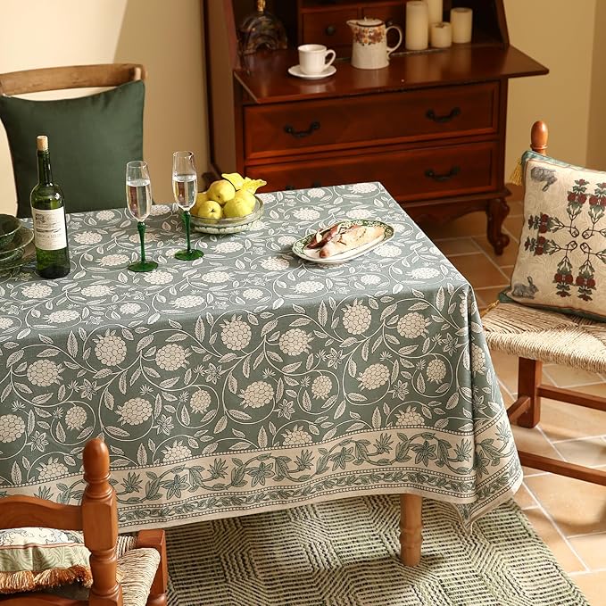 ISAENNE Designer Linen Green Rectangular Tablecloth,102"x63"-Andrew A