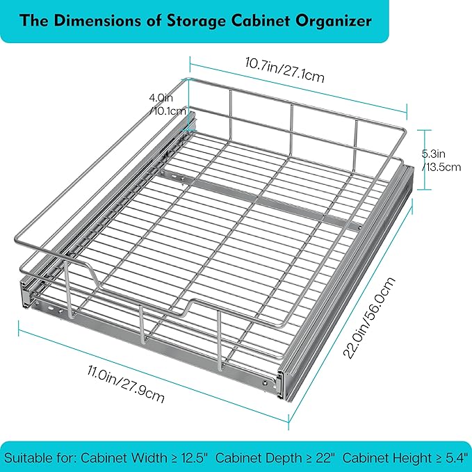 Pull Out Cabinet Organizer 11" W X 22" D, Chromed, Full Slide Out Drawers
