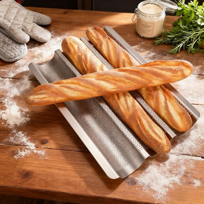 Barlket Baguette Pan 2 Pack, Silver Baguette Tray Perforated for Home Baker