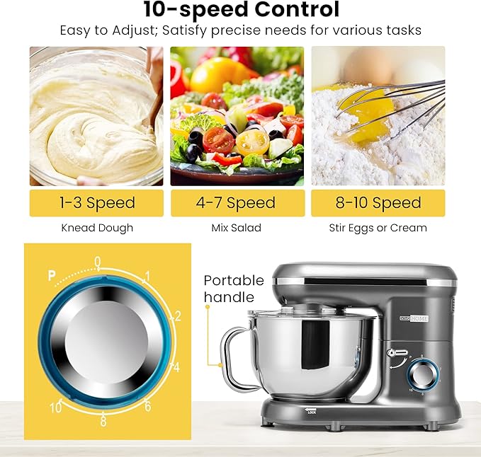 VIVOHOME Stand Mixer, 6-Quart Tilt-Head Kitchen Mixer with Bowl, Gray