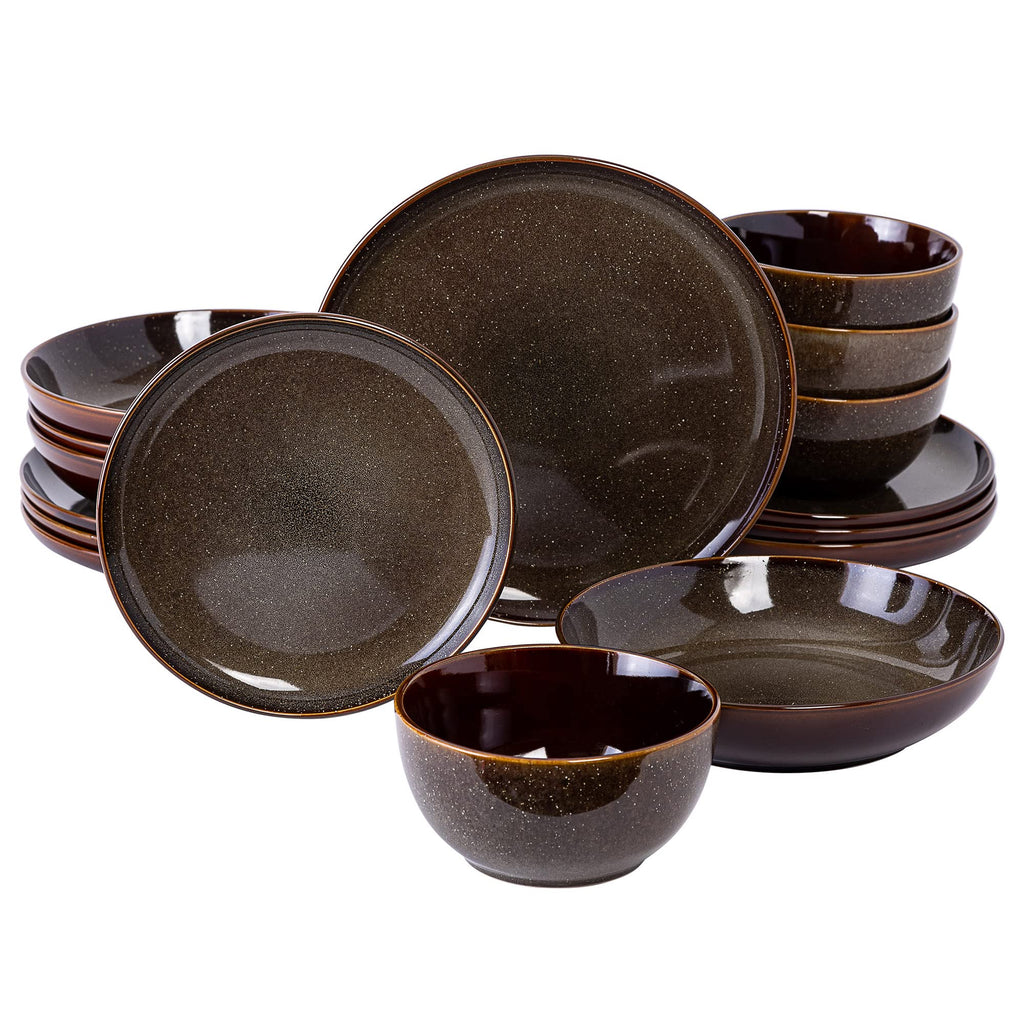Gibson Elite Edwina 16-Piece Double Bowl Dinnerware Set, Service for 4 – Dark Green Stoneware Plates and Bowls
