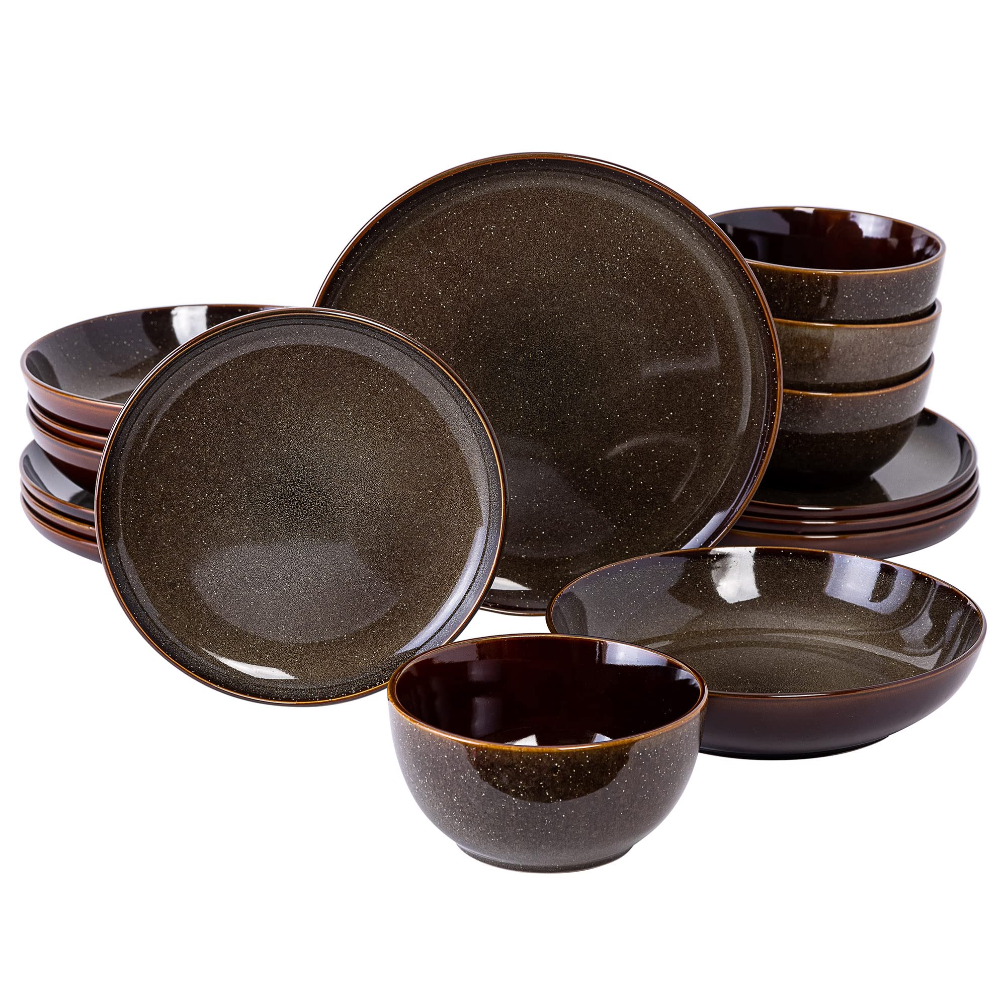 Gibson Elite Edwina 16-Piece Double Bowl Dinnerware Set, Service for 4 – Dark Green Stoneware Plates and Bowls