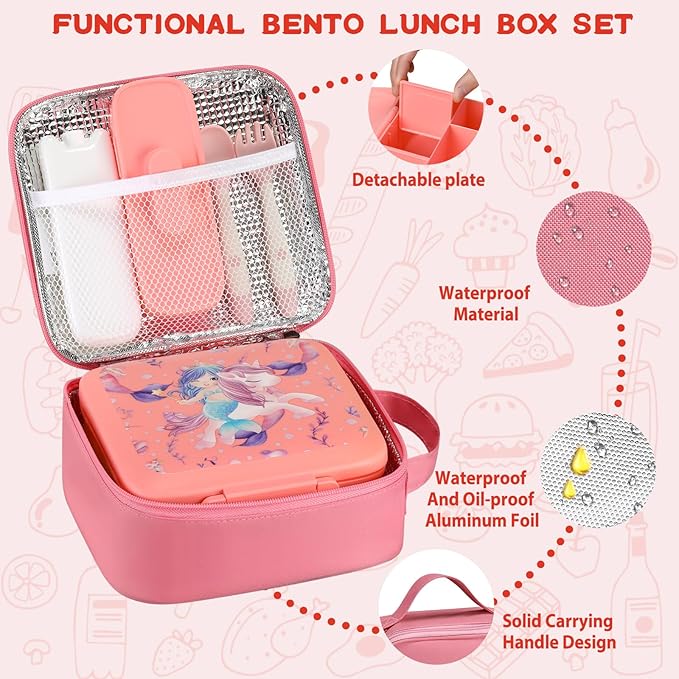 JXXM Bento Lunch Box for Kids With 8oz Soup Thermo,Leak-proof Lunch Containers with 5 Compartment,Thermo Food Jar and Lunch Bag, Food Containers for School (A-Pink（Unicorn - Mermaid）)