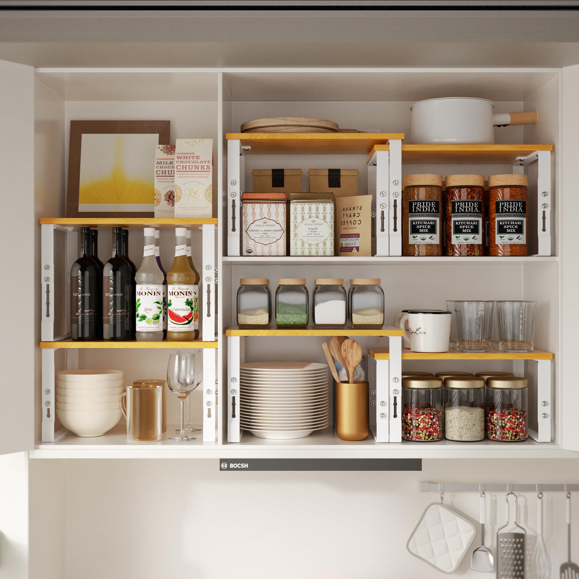 Adjustable Storage Shelves for Kitchen Cabinet Organization - Set of 2 Stackable Metal & Solid Wood Racks, Space-Saving Design for Countertop/Pantry/Garage, Easy Assembly(1 Pack/Medium/White)