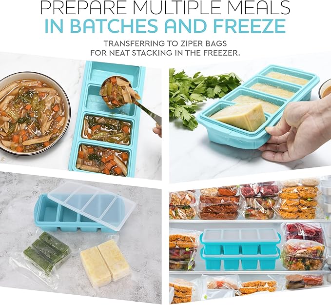 XOMOO Silicone Freezer Tray With Lid - Soup Freezer Container molds - Large Ice Cube Tray- makes 8 perfect 1 cup portions cubes, 2-Pack Freezer Storage Food Soups & Meal Prep - Oven & Dishwasher -Safe