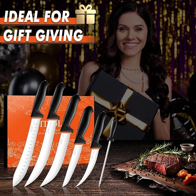 TIVOLI Butcher Knife Set 6 pcs - Game Processing Knife Set 7" Sharpener Rod