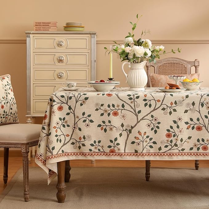 ISAENNE Vintage French Linen Rectangular Tablecloth,110"x63"-Flora A