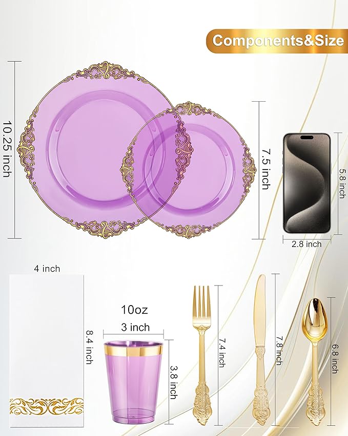 Nervure 350Pcs Purple Plastic Plates, Plastic Dinnerware Set for 50 Guests