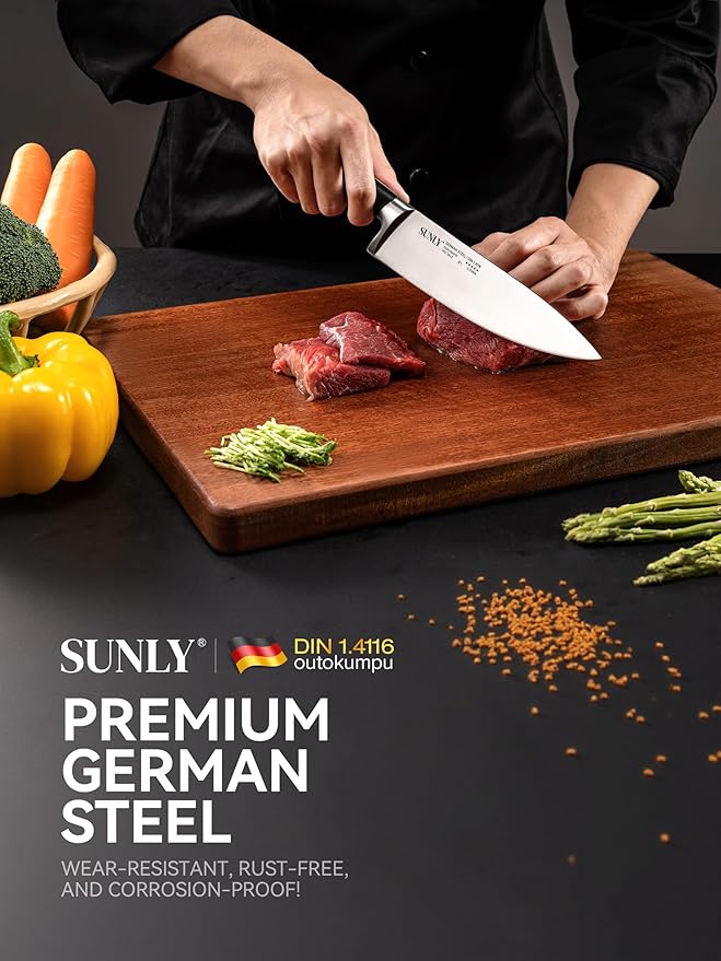 SUNLY Chef Knife, 8 Inch Professional Kitchen Knife with German 1.4116 Stainless Steel, 58±2 HRC Hardness, Full-Tang Design, Anti-Slip Handle for Meat, Fruits, Vegetables, Gift-Ready Magnetic Box