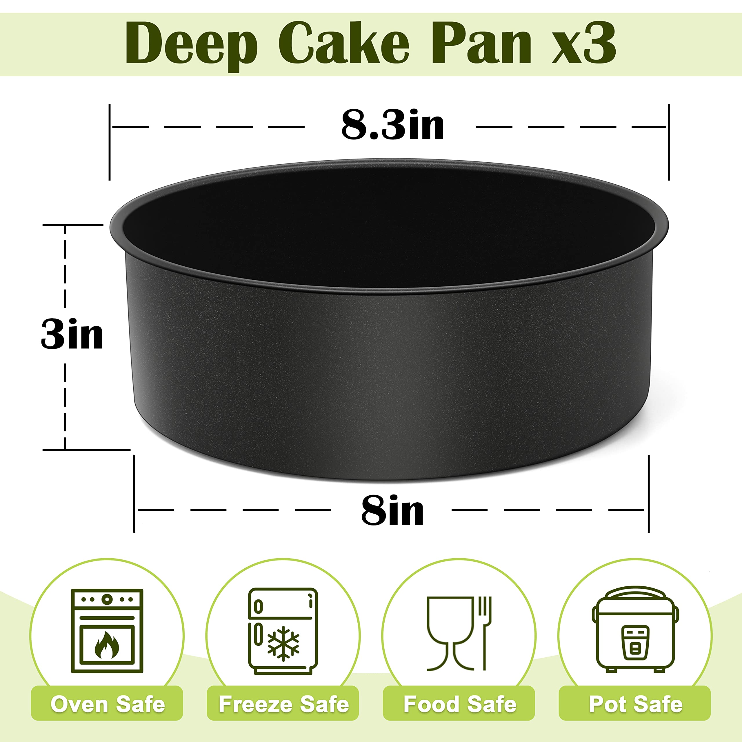 E-far 8 x 3 Inch Cake Pan Set of 3, Nonstick Stainless Steel Round Cake Pans Tin for Baking Birthday Wedding Layer Cakes, Stainless Steel Core & Non-toxic Coating, Deep & Straight Side