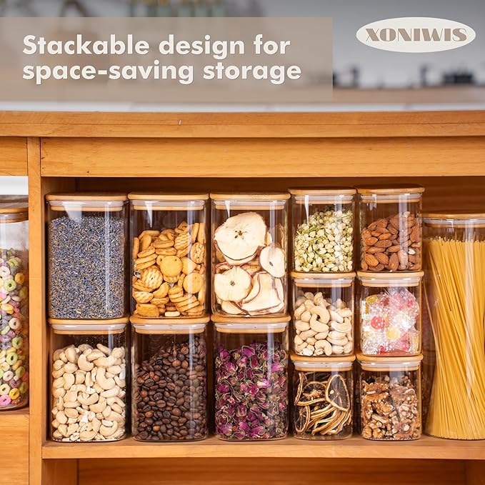 Xoniwis 3-Pack 1.6Qt Square Glass Storage Jars with Bamboo Lids