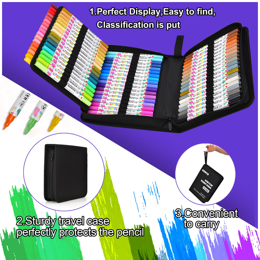 KEMYR 72 Colors Acrylic Paint Pens, Dual Tip Acrylic Paint Markers for Paper, Wood, Canvas, Stone, Rock Painting, Glass, Fabric, DIY, Ceramic, Art Supplies for Adults Drawing (Dot + Fine)