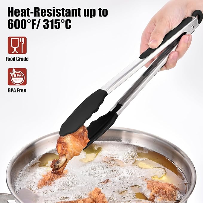 Doosu Kitchen Tongs with Silicone Tips for Cooking Serving (3Pcs, Black)