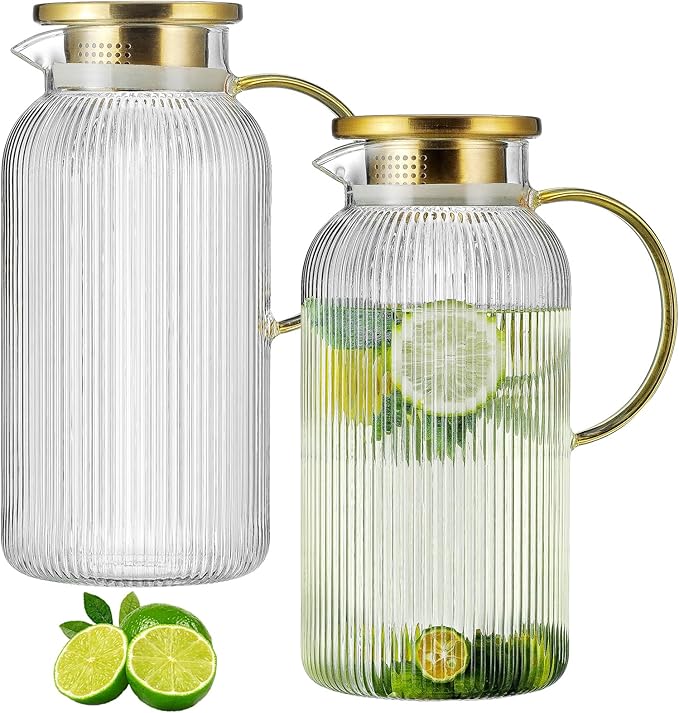 Buaic 2 PACK Glass Pitcher with Lid, 84 oz/ 2.5 Liter Glass Water Carafe