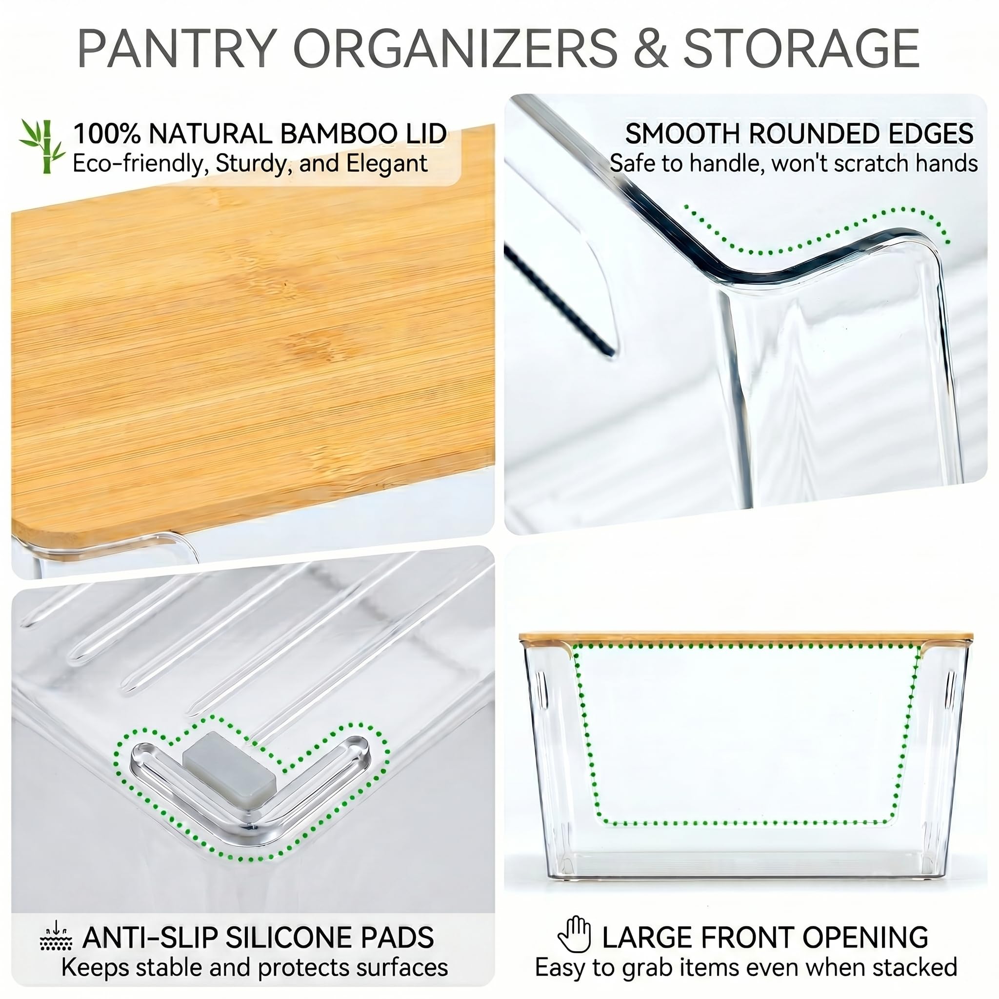 CiWiVOKi 6 Pack Clear Stackable Storage Bins with Bamboo Lids, Trash Bag Holder Dispenser Under Sink Organizer for 4-13 Gal Bags, Plastic Storage Containers for Pantry Bathroom Kitchen Organization