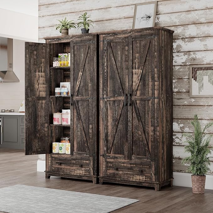 LUXOAK Farmhouse Kitchen Pantry Cabinet, 72" Tall Storage Cabinet with Adjustable Shelves & Barn Doors, Freestanding Kitchen Cupboard for Dining Room, Living Room, Dark Rustic Oak
