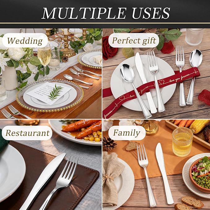 WDF 180 Pieces Silver Plastic Silverware - Silver Plastic Cutlery - Fancy Plastic Silverware Heavy Duty - 60 Forks 60 Knives 60 Spoons - Disposable Plastic Utensils Perfect for Party Wedding