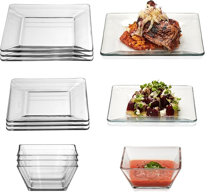 Libbey Tempo Glass Dinnerware Set, Sleek Square Clear Glass Plates and Bowls Set of 12, Dishwasher Safe Dinnerware for Parties or Everyday Use