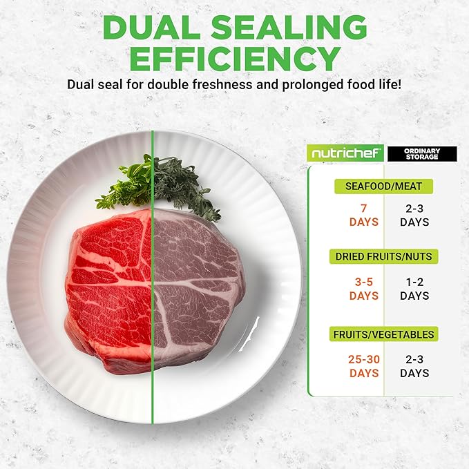 Nutrichef Automatic Food Vacuum Sealer with Double Sealing Function, Electric Air Sealing System for Dry, Liquid & Moist Foods, Reduces Food Waste, Preserve Freshness of Proteins, Fruits, Vegetables