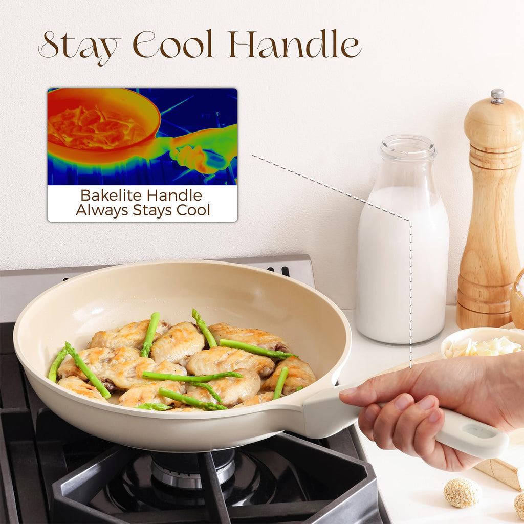 PRICUSIS Nonstick Ceramic Frying Pan, 8/10 Inch Skillet with Stay Cool Handle, Fully Coated, Induction Compatible, 100% Dishwasher Safe, PTFE PFAS & PFOA Free（8 Inch, Coconut White）