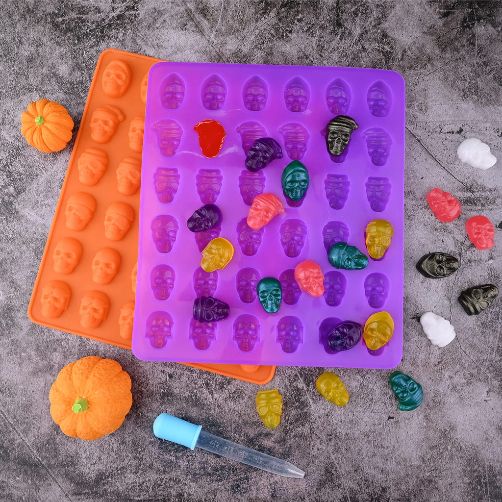 HUAKENER Gummy Skull Candy Molds, 2 Pack Chocolate Molds with 2 Dropper, Silicone Molds for Chocolate, Candy, Jelly, Dog Treats, Ice Cube, Resin Casting