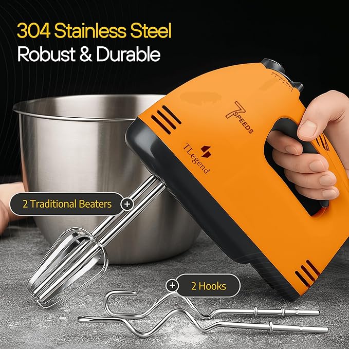 TechnoLegend Hand Mixer Electric Handheld – 7 Speed Ultra Power Electric Mixer Handheld (Orange)
