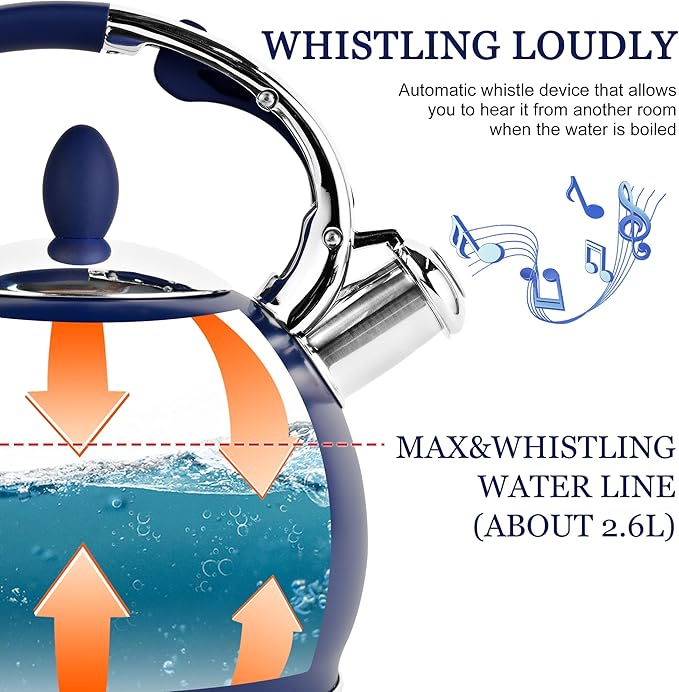 SUSTEAS Whistling Tea Kettle, 2.7QT Food-Grade Steel Teapot, NAVY BLUE