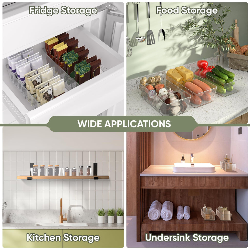BALEINE Clear Plastic Storage Bins with 3 Removable Dividers, Pantry Organization, BPA Free Stackable Refrigerator Organizers and Storage for Kitchen Fridge Cabinet Bathroom (10.5x6.1x3.5, 4PK)