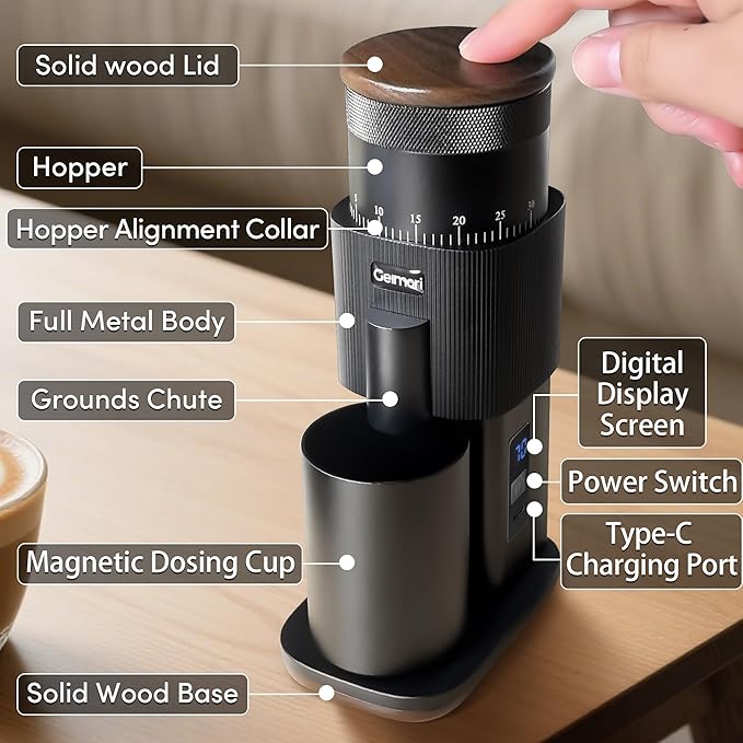 Portable Electric Burr Coffee Grinder,Wirsh Geimori T38 with 3600mAh Battery& Stepless Adjustment for Espresso,Pour Over,French Press, Single Dose, Fast USB-C Charging,Travel & Home Use,Black