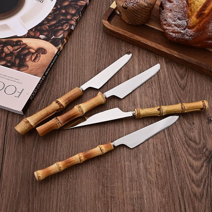 Uniturcky Dinner Knife Set with Bamboo Handle, 8-Piece Stainless Steel Shiny Silver Dinner Knives, Creative Design Table Knives for Home Restaurant, 8.74 inch, Handcrafted