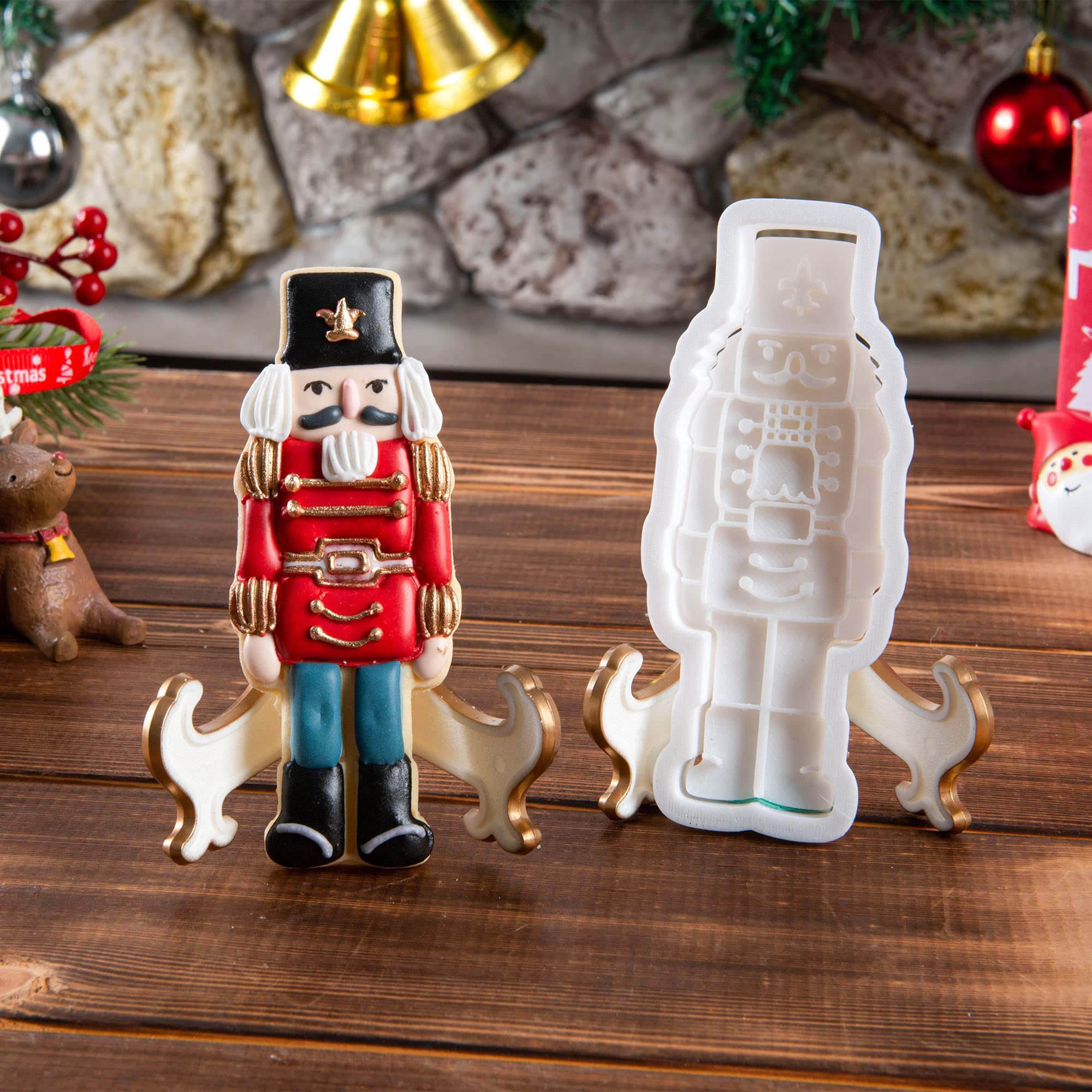 Flycalf Christmas Cookie Cutters Nutcracker Shapes with 3D Stamper Fall Holiday PLA Baking Accessories Cutter Molds Gifts for Kids Decorative Party 3.5" Kitchen Cake Supplies