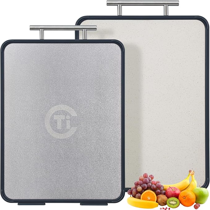 Titanium Cutting Board for Kitchen- Double Sided Cutting Board with Stand, Textured Food-Grade Pure Titanium Side for Chopping Meat, PP Side for Vegetables, Easy to Clean(14.5”×11”, 1 PC)