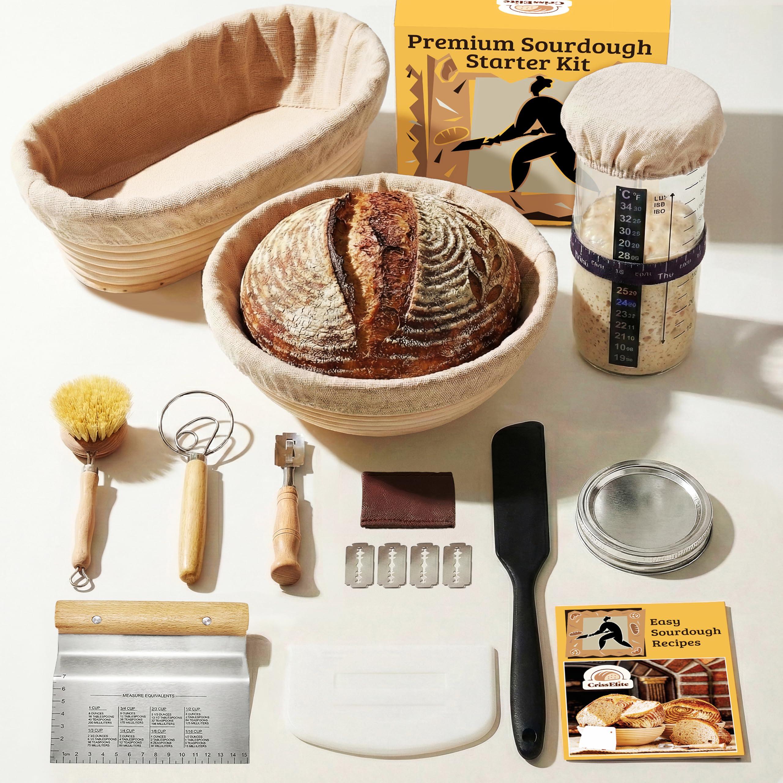Sourdough Starter Kit – Complete Sourdough Bread Baking Supplies with 24oz Glass Sourdough Starter Jar, 9” Round & 10” Oval Banneton Proofing Basket Set, Sourdough Tools – Artisan Gift for Bakers