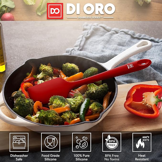 di Oro Living Large Silicone Spatula - 600F Heat-Resistant Spatula - Ergonomic Easy-to-Clean Seamless One-Piece Design - Pro-Grade Non-Stick Silicone Rubber with Stainless Steel S-Core Technology! (Red)