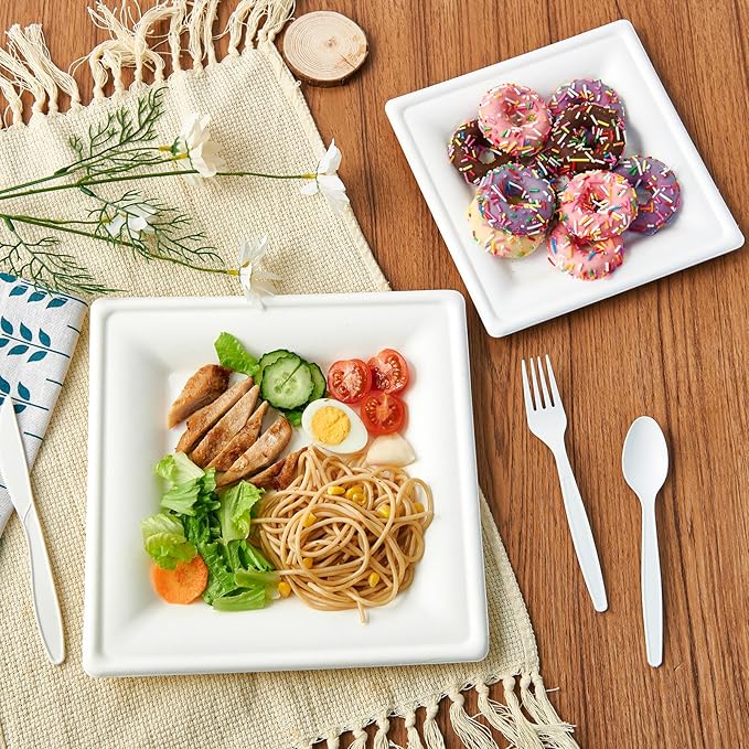 ECOLipak 10 Inch Square Paper Plates, 300 Pack Compostable Disposable Plate
