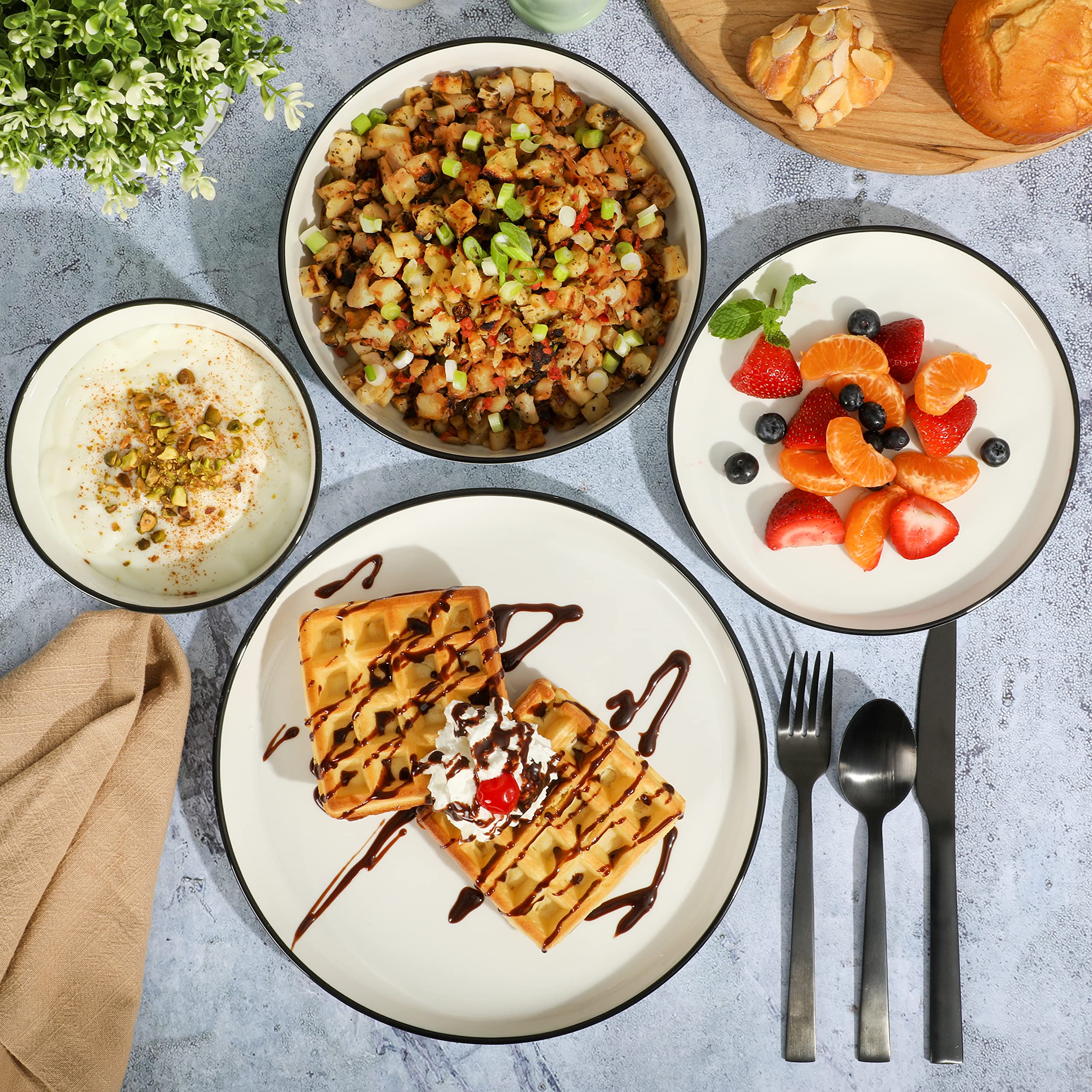 Gibson Home Oslo 16-Piece Porcelain Dinnerware Set, Service for 4 – White Plates with Black Rim, Microwave & Dishwasher Safe