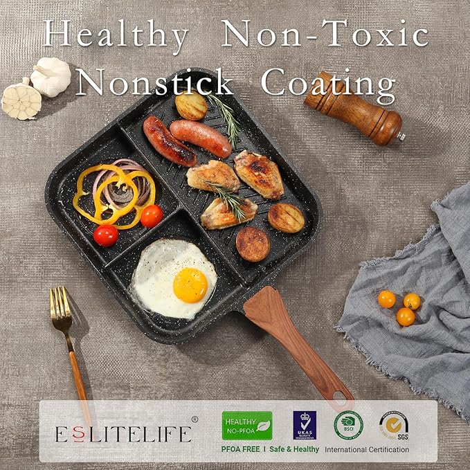 ESLITE LIFE Nonstick Divided Grill Pan with Lid & Tongs for Stove Tops, 11 Inch Versatile 3-In-1 Breakfast Pan, Square Big Grilling Steak Pan for Indoor & Outdoor Cooking, PTFE & PFOA Free, Black