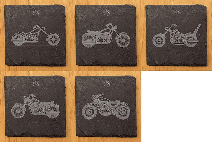 Laser Engraved Motorcycle Slate Coasters Set of 5 – Square – USA Made