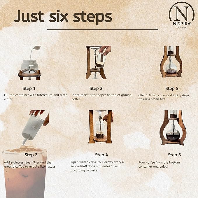 Nispira Iced Coffee Cold Brew Drip Tower Coffee Maker, 6–8 Cup Manual Cold Brew Brewer with Adjustable Valve, Wooden Frame & Glassware, Slow Cold Extraction System