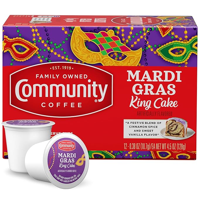 Community Coffee Mardi Gras King Cake Flavored 12 Count Coffee Pods, Medium Roast, Compatible with Keurig 2.0 K-Cup Brewers, 12 Count (Pack of 1)