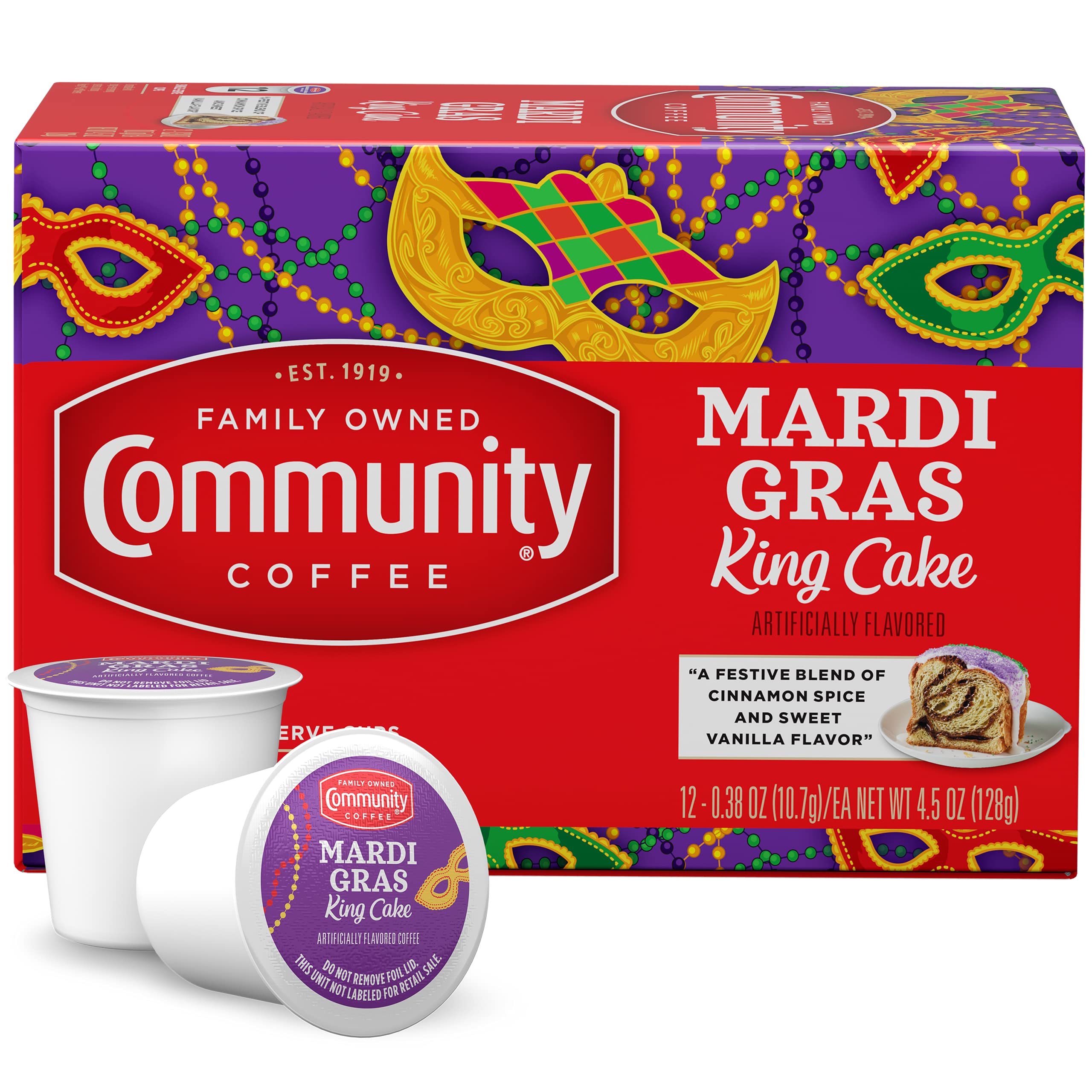 Community Coffee Mardi Gras King Cake Flavored 12 Count Coffee Pods, Medium Roast, Compatible with Keurig 2.0 K-Cup Brewers, 12 Count (Pack of 1)