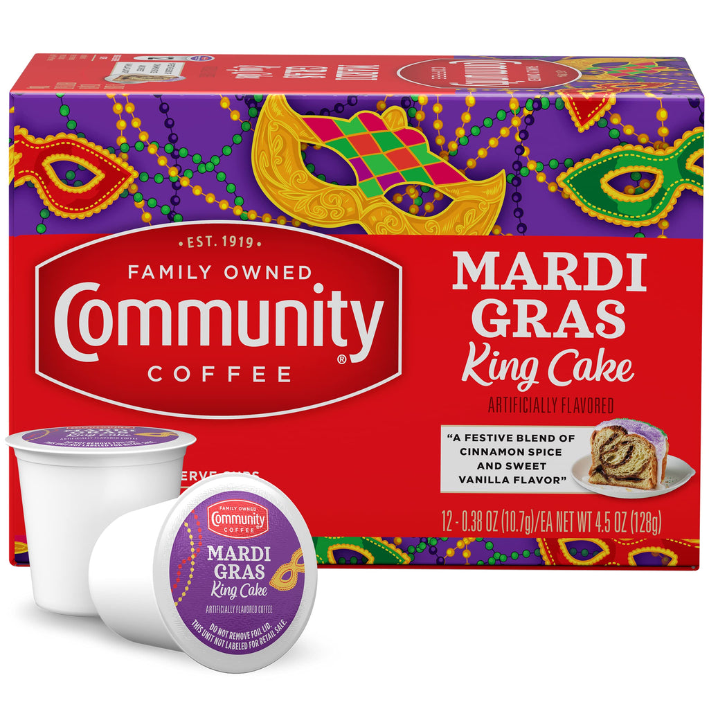Community Coffee Mardi Gras King Cake Flavored 12 Count Coffee Pods, Medium Roast, Compatible with Keurig 2.0 K-Cup Brewers, 12 Count (Pack of 1)