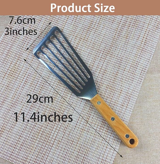 KLAQQED Fish Spatula Set for Nonstick Cookware Flexible Metal Fish Spatula Stainless Steel Small Fish Slotted Spatula Turner with Wood Handle