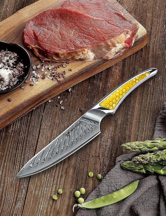 SANMUZUO 5 inch Utility Knife, Japanese VG-10 Damascus Steel Kitchen Knife, Ultra Sharp Fruit Knife with Full-tang Handle in Yellow Resin, LA-S9 Series
